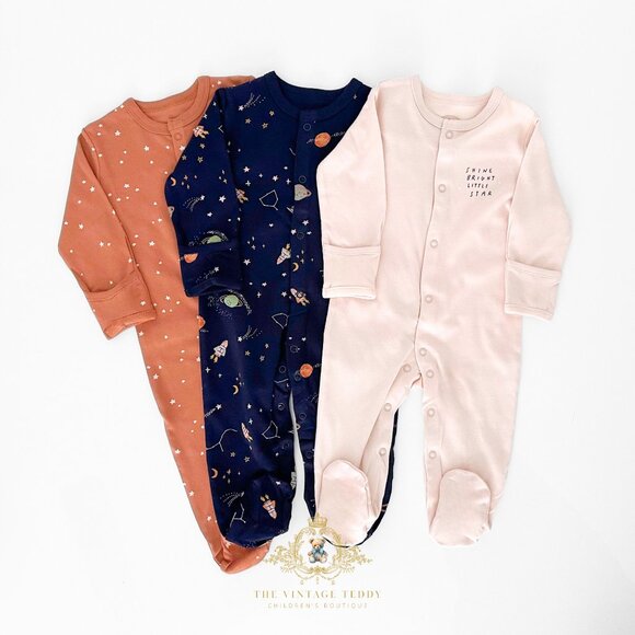 NWT Cute Baby Sleep N' Play Footies One-Piece Bodysuit Pajamas 3 Piece Set 6-9M - Picture 1 of 3